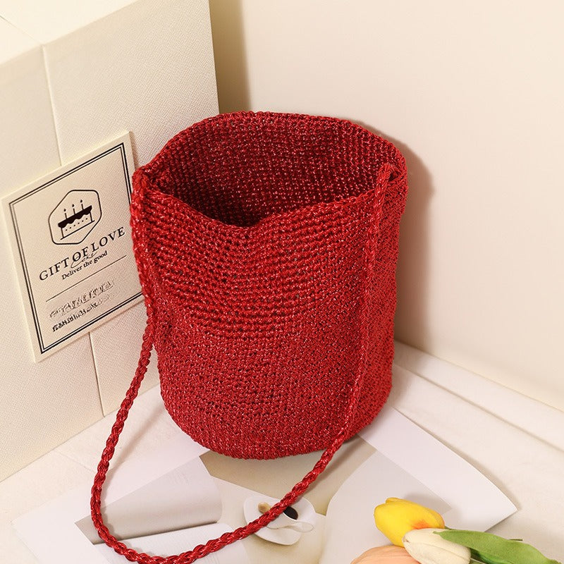 Woven Straw Look Crossbody Bucket Bag Beach N6E054