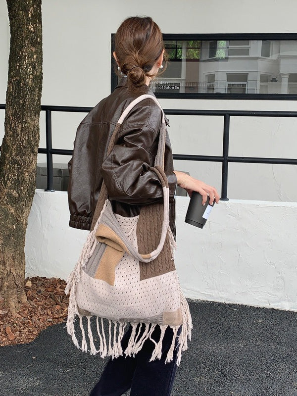 Crochet Fringe Color Block Tote Bag Women N6C046
