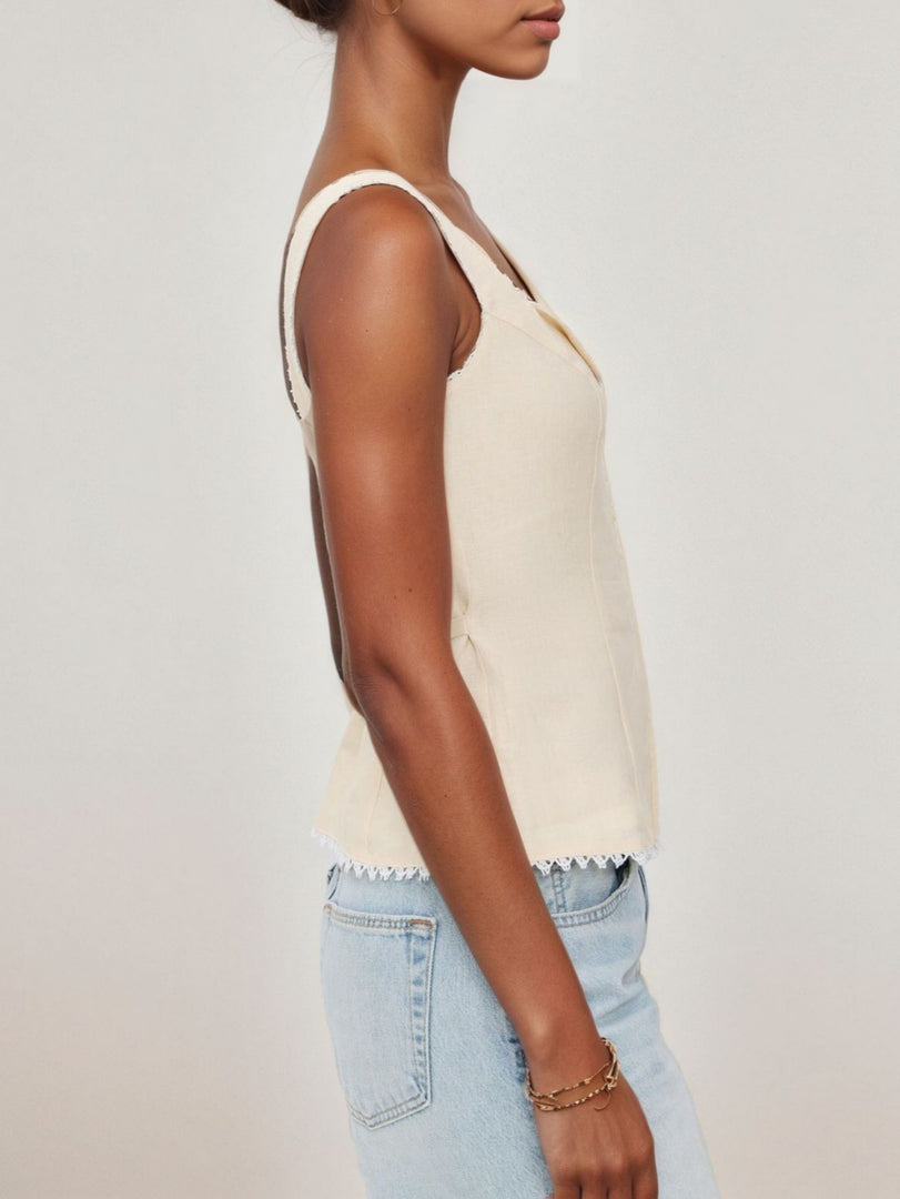 French Lace Trim Button Front Sleeveless Tank N6F018