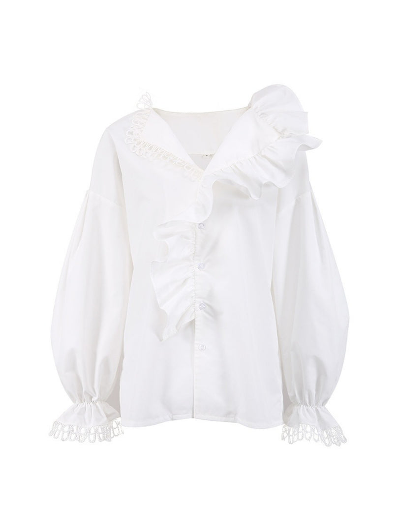 V Neck Ruffle Lace Trim Blouse Women N6C134