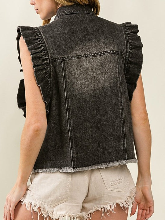 Washed Denim Flutter Sleeve Shirt Jacket Women N6D085