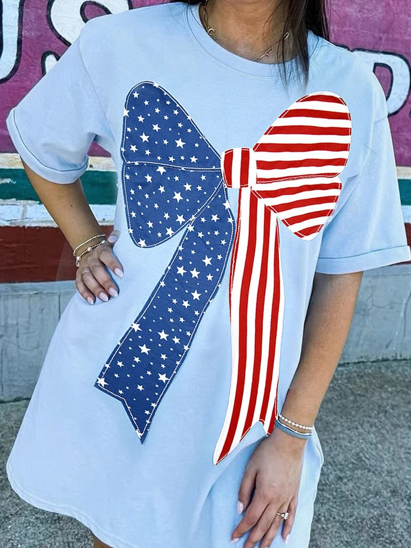 Blue Bow Print Loose Fit Short Dress Women N6C338