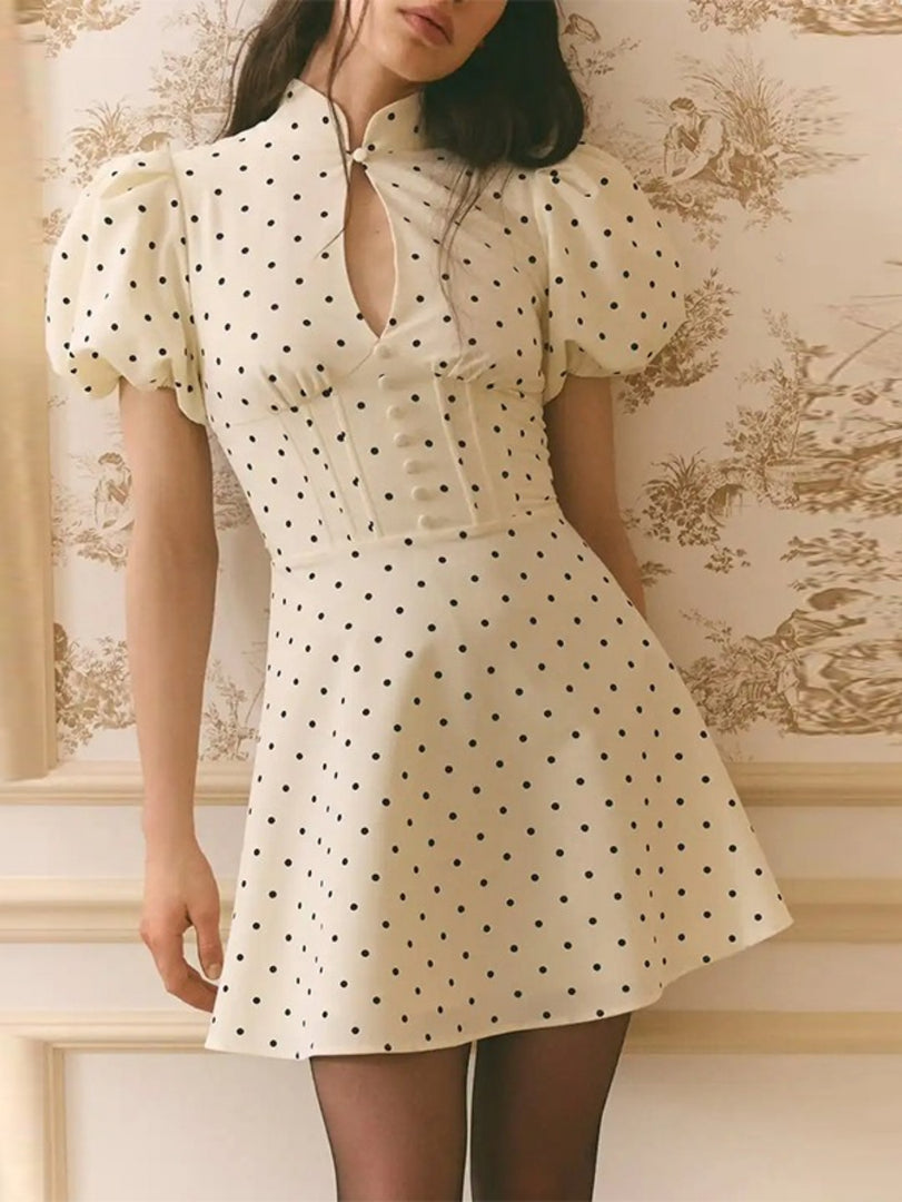 Elegant Polka Dot Puff Sleeve A-Line Dress Women N6E148