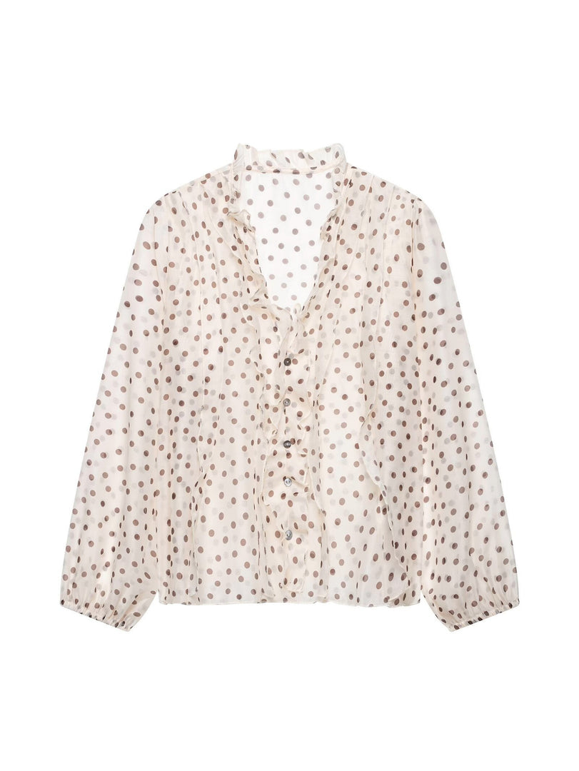 French Polka Dot V-Neck Ruffle Blouse Women N6F191