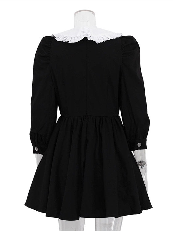 French Peter Pan Collar Black White Short Dress  N6C209