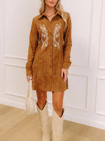 Load image into Gallery viewer, Floral Embroidered Suede Texture Lapel Dress Women N6G292