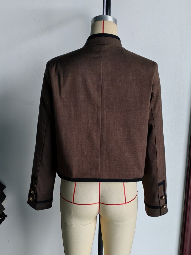 Loose Fit Knot Button Stand Collar Jacket Women N6H127