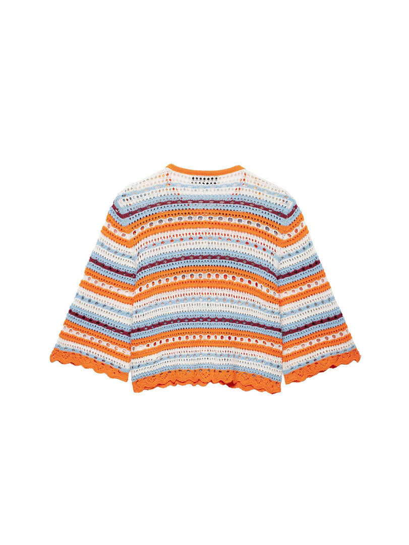 Color Block Hollow Knit Cardigan Button Cap Sleeve N6G151