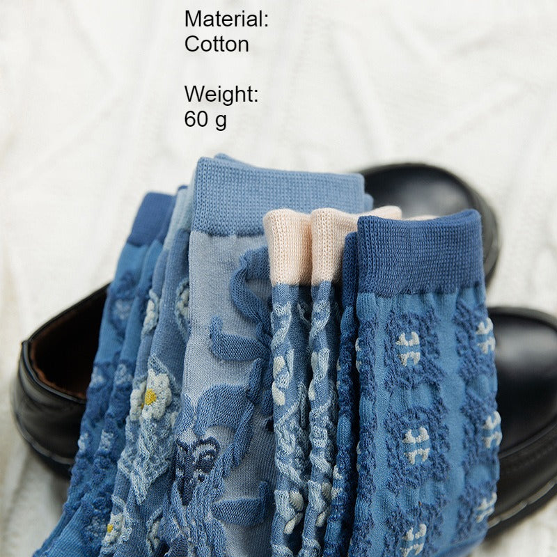 Vintage Blue Ethnic Style Mid-Calf Cotton Socks Women N6H020
