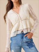 Load image into Gallery viewer, White V-Neck Lace Shirt Women N6C122