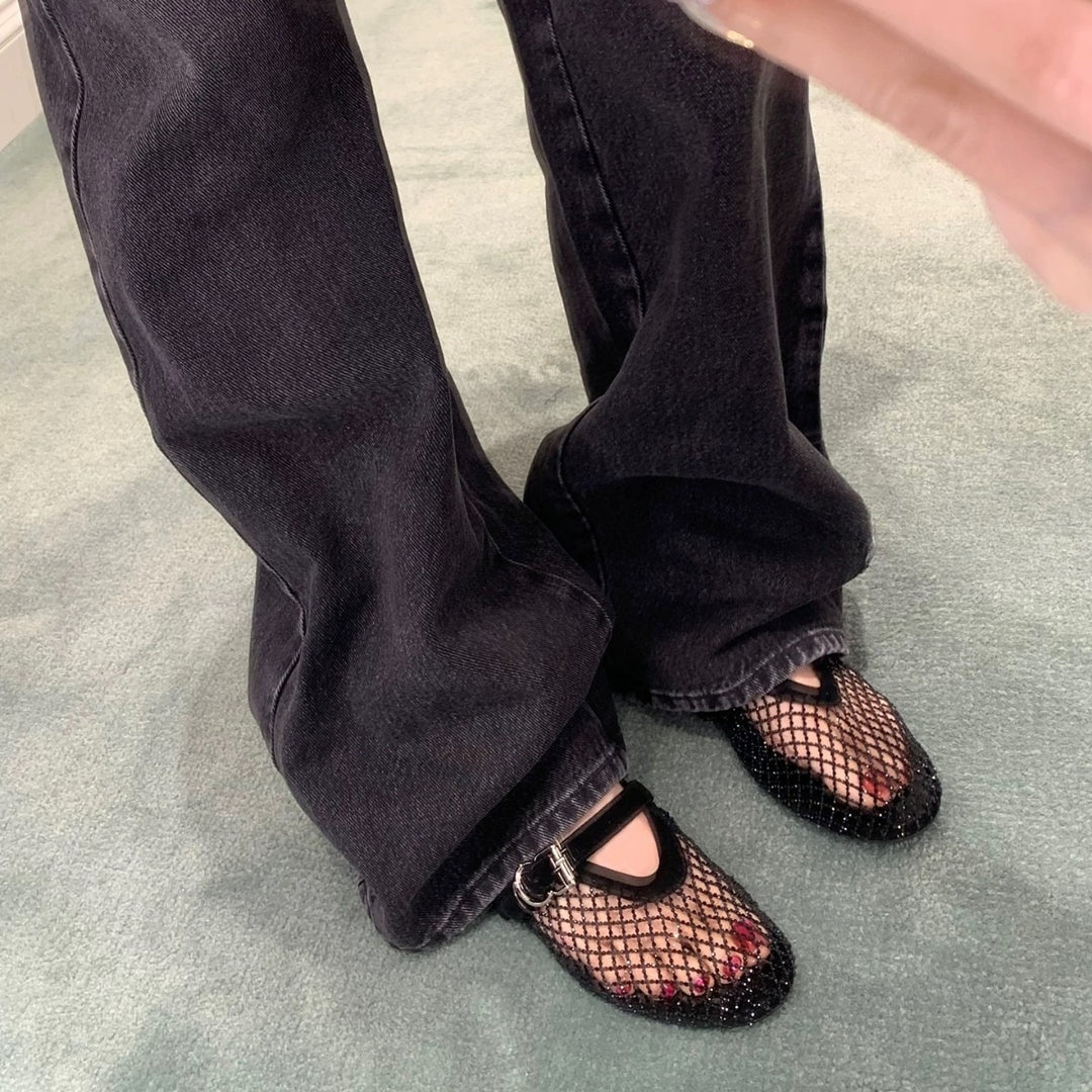 Rhinestone Mesh One-Strap Ballet Flats Round Toe N6G250