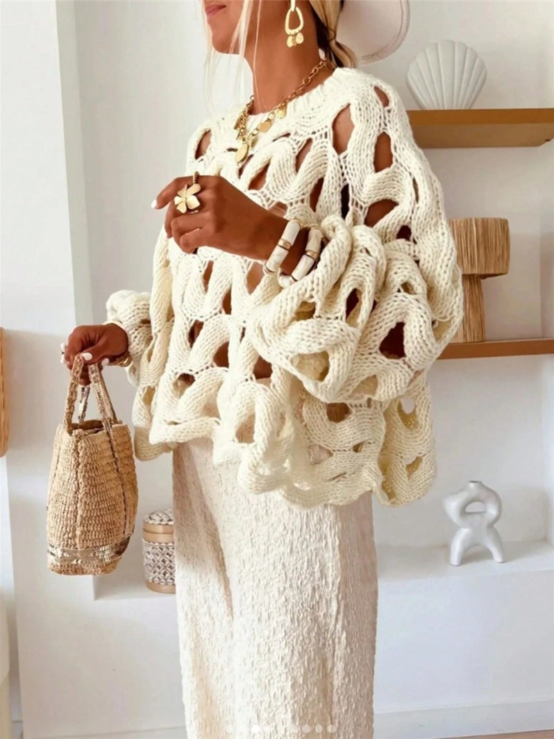 Beach Vacation Openwork Crochet Long Sleeve Sweater N6C282