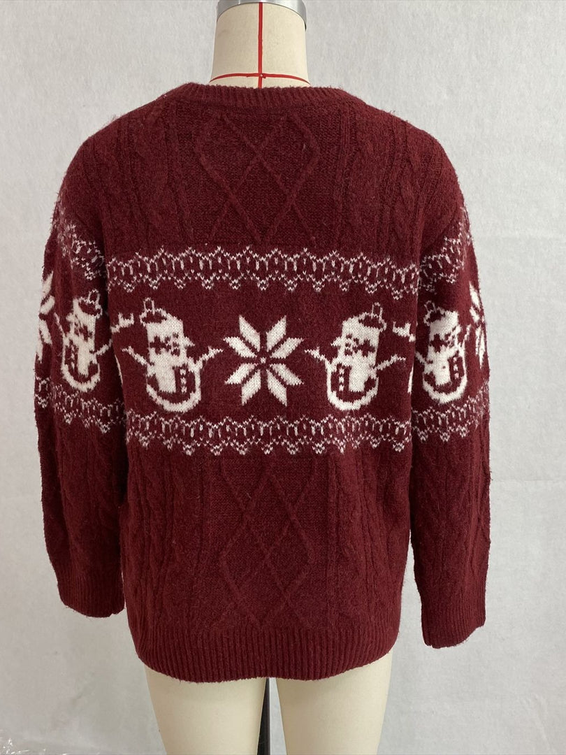 Jacquard Cable Knit Round Neck Loose Pullover Sweater N6H281