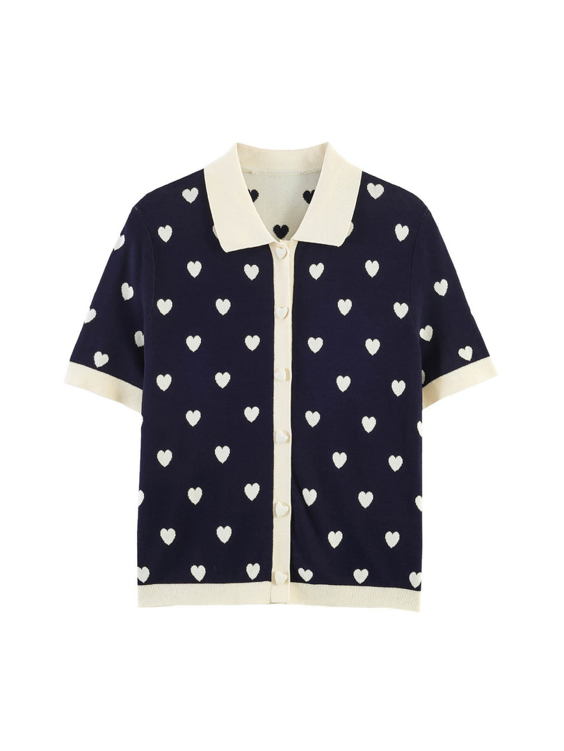 Sweet Heart Jacquard Knit Polo Cardigan Women Fashion N6G159