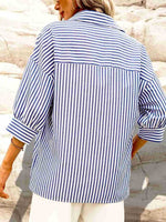 Load image into Gallery viewer, Blue Striped Mid Length Sleeve Blouse Women Vacation N6F229
