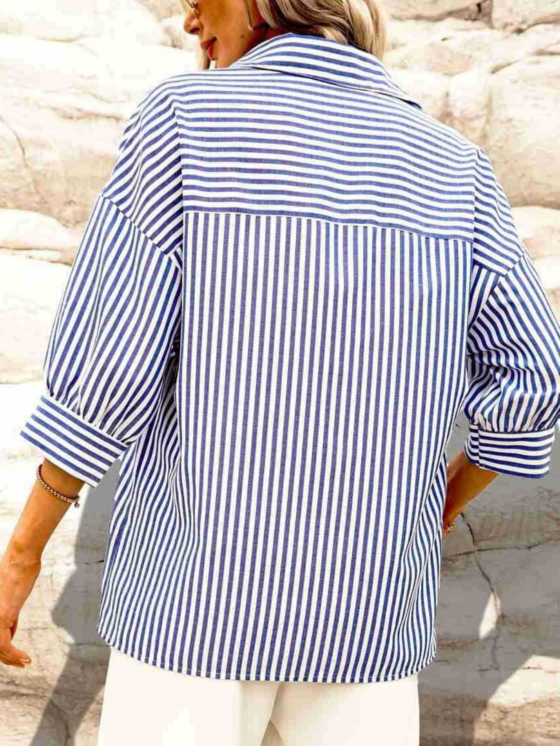 Blue Striped Mid Length Sleeve Blouse Women Vacation N6F229