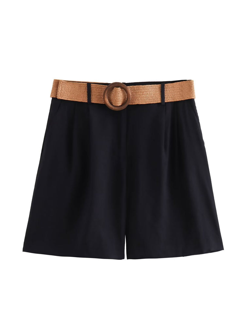 Belted Straight Leg Casual Shorts Women N6F014