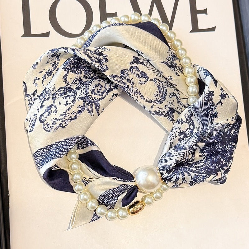 Womens Pearl Magnetic Clasp Floral Skinny Scarf N6K262