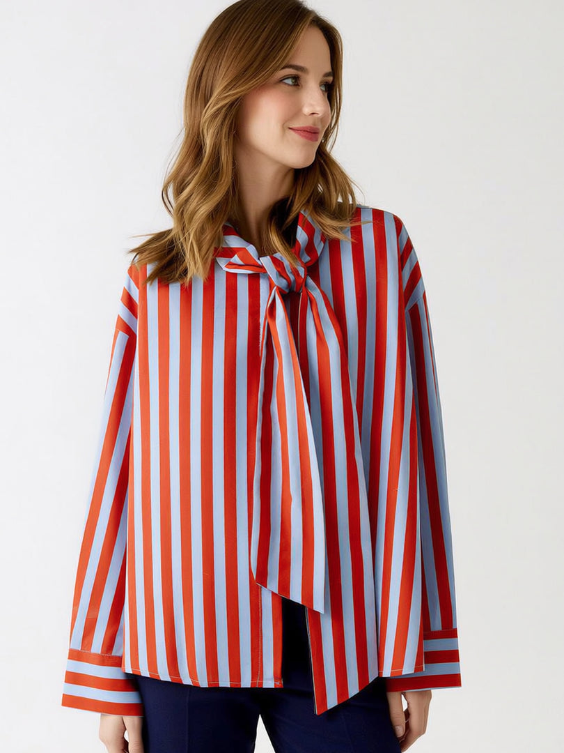 Bow Tie Striped Long Sleeve Shirt Women N6C108