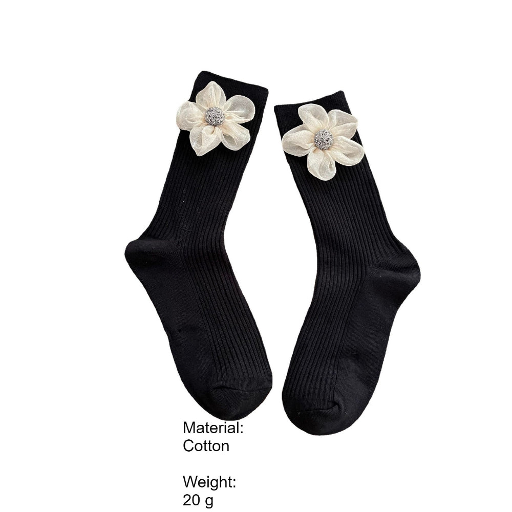3D Floral Solid Mid-Calf Socks Women Cotton Black N6H033