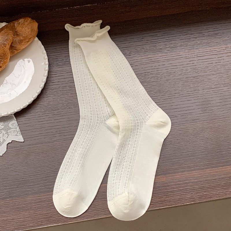 Thin Lace Hollow Mesh Mid-Calf Stack Socks Women N6H005