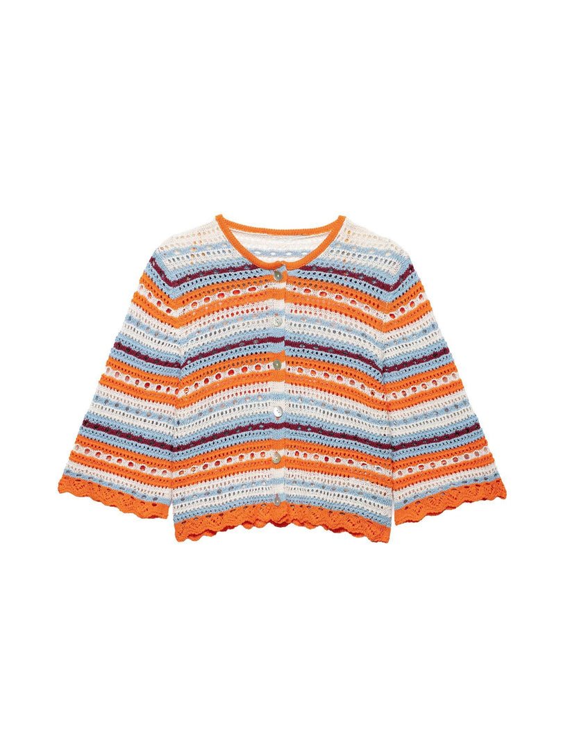 Color Block Hollow Knit Cardigan Button Cap Sleeve N6G151