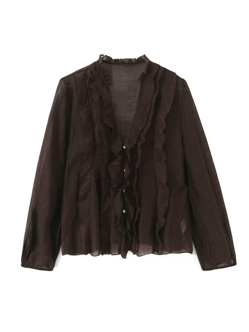 Elegant Relaxed V Neck Long Sleeve Polka Dot Blouse N6A180