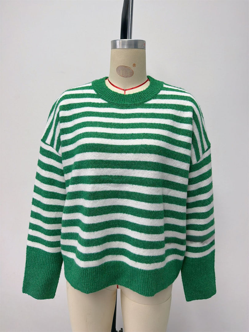 Casual Color Block Stripe Knit Pullover Women N6G187