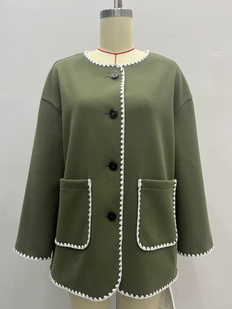 Short Contrast Trim Button Pocket Coat Women N6H042