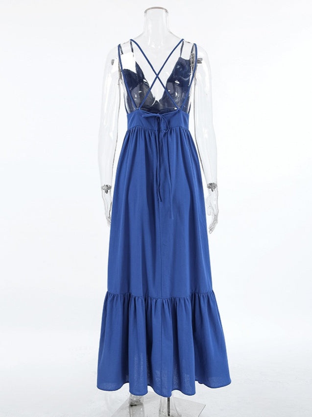 Blue V-Neck Slip Dress Women N6D113