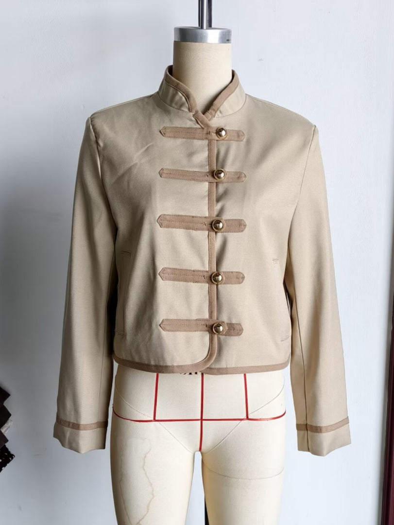 Loose Fit Knot Button Stand Collar Jacket Women N6H127