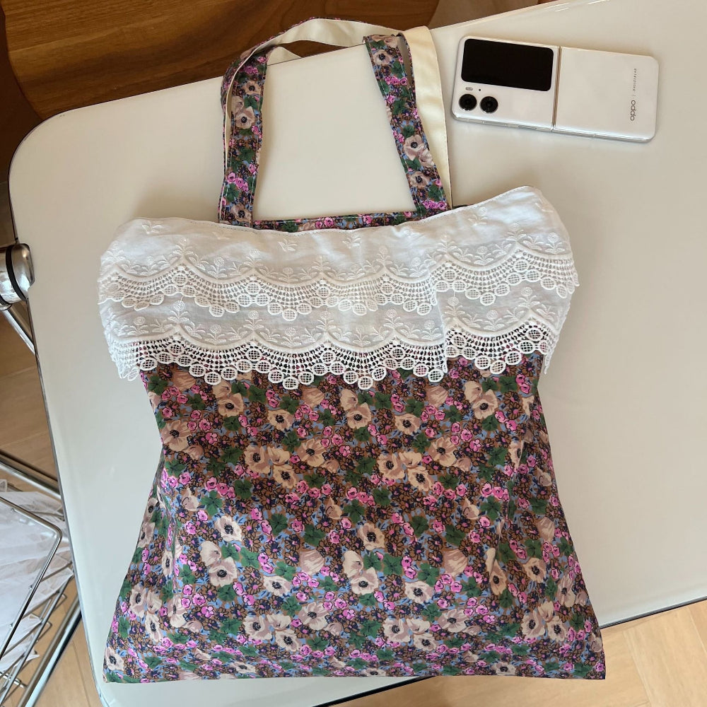 Floral Lace Trim Canvas Tote Bag Women Book Bag N6E036