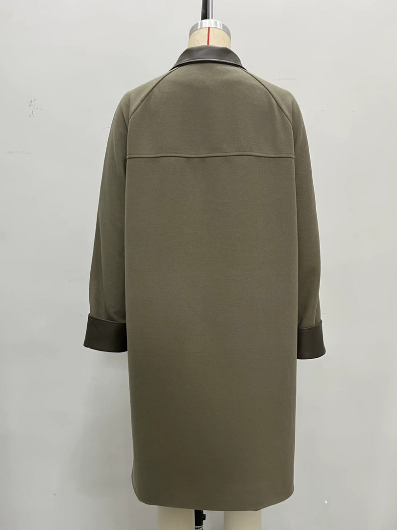 Elegant Contrast Trim Notch Lapel Medium Coat Women N6H041