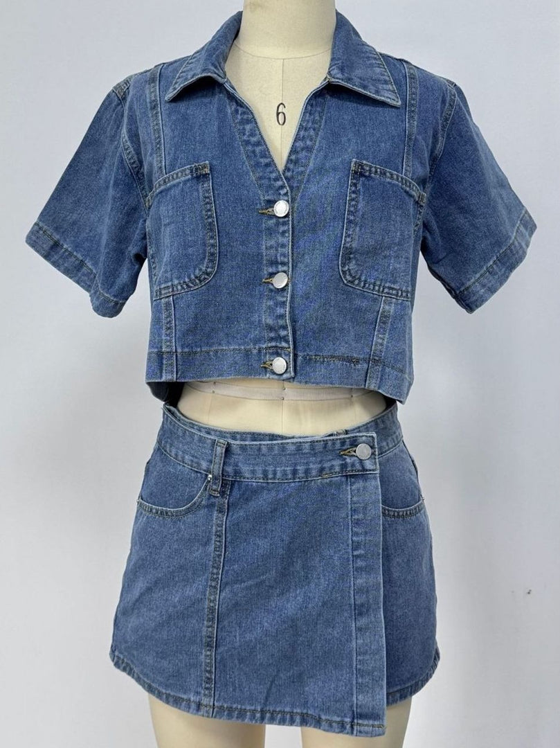 Denim Shirt and Shorts Set Women Relaxed Fit N6D168