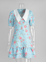 Load image into Gallery viewer, French V-neck Puff Sleeve Print Dress Women N6D072