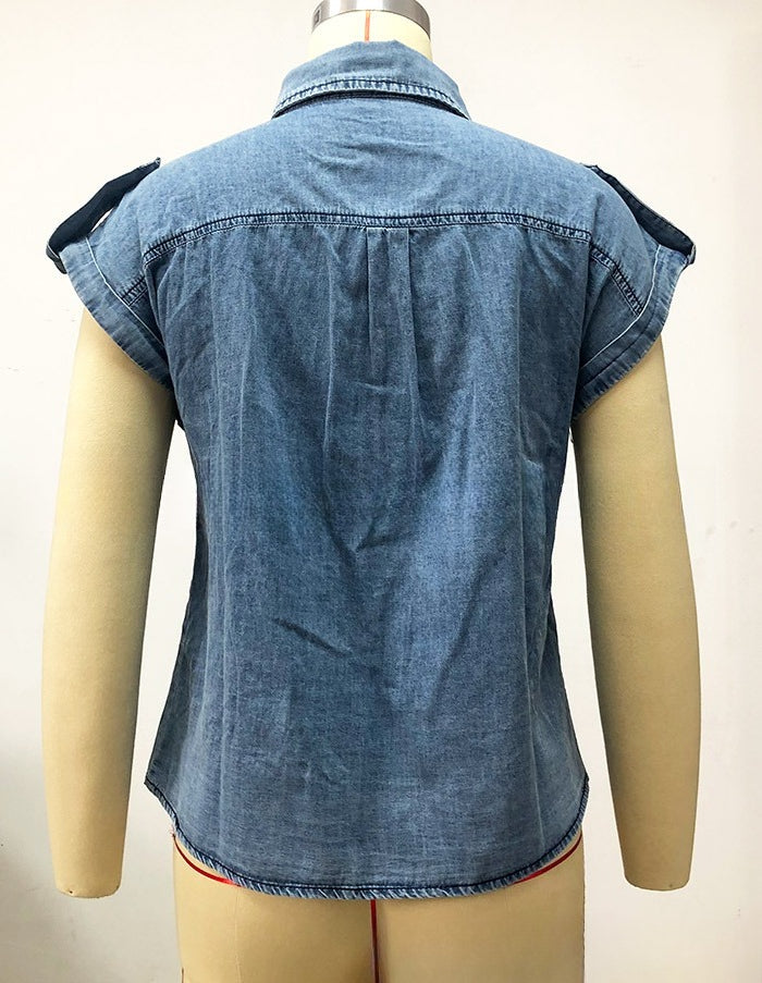 Retro Short Sleeve Denim Shirt Women N6D082