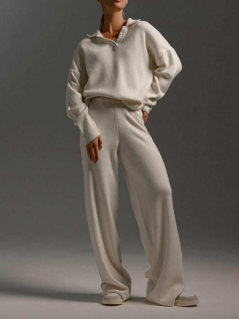 Knit Set Polo Neck Pullover Wide Leg Pants Two-Piece N6G137