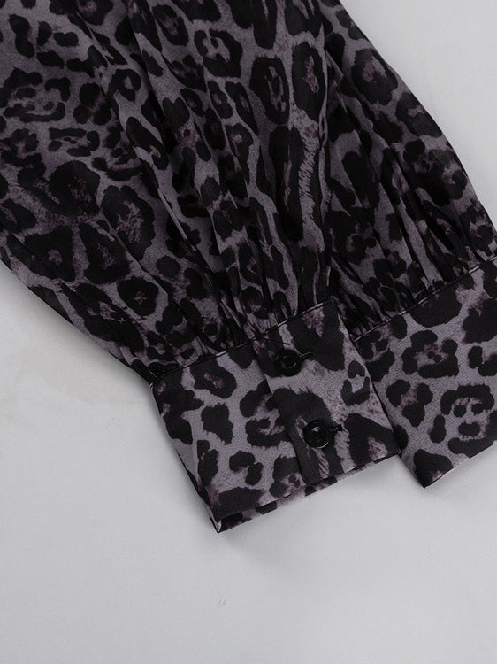 Leopard Print Chiffon Dress with Lapel and Puff Sleeve N6C192