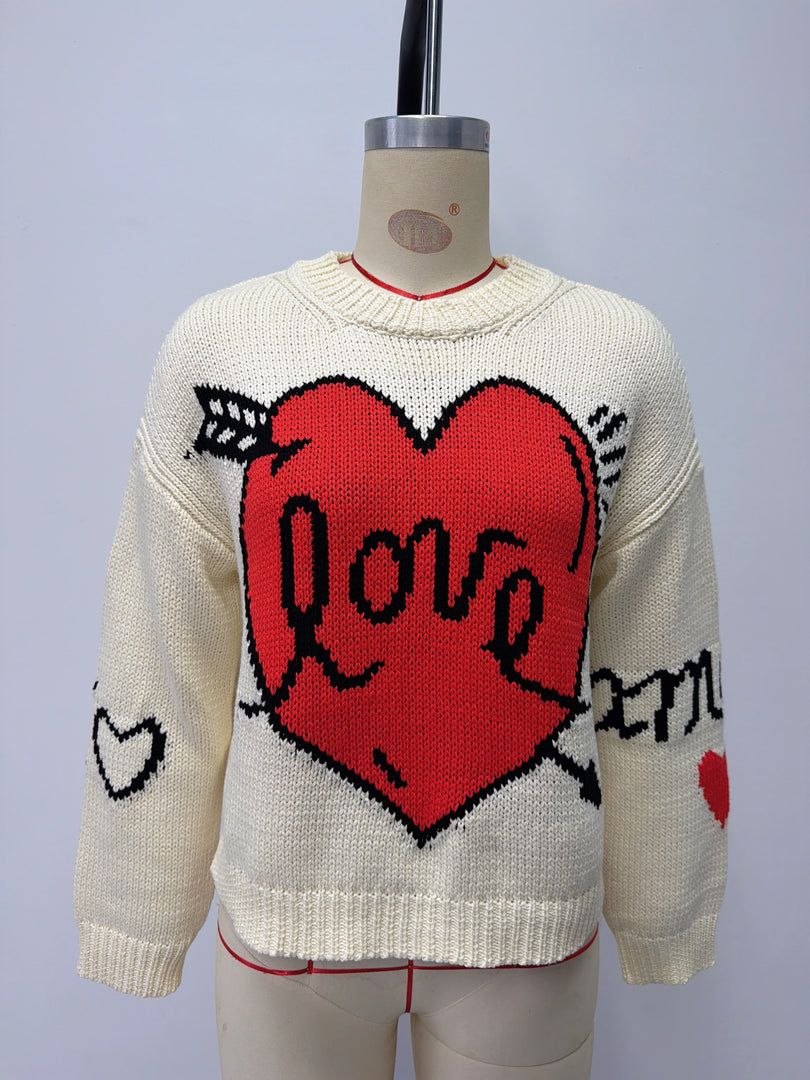 Heart Print Long Sleeve Round Neck Loose Knit Sweater N6H302