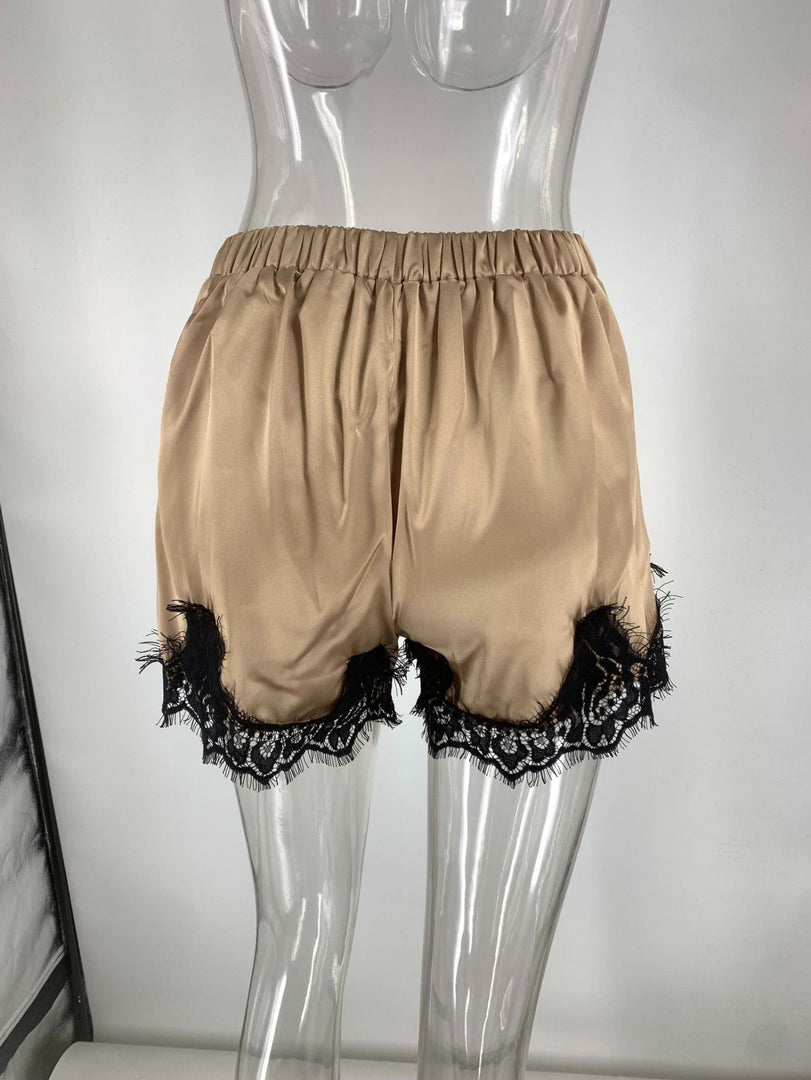 Puff Sleeve Waist Cinching Lace Shorts Set Women N6F260