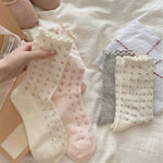 Load image into Gallery viewer, Diamond Grid Ruffle Trim Cotton Mid-Calf Socks Women N6H009