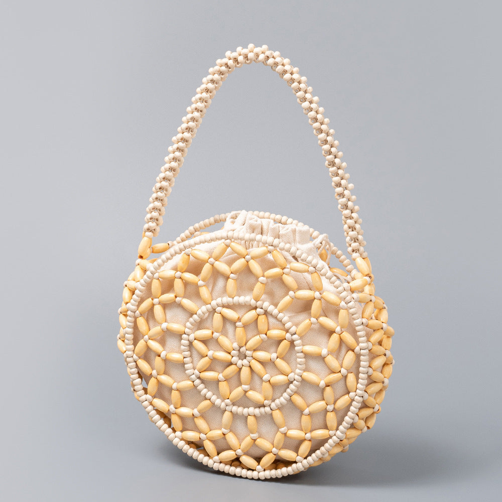 Hand Woven Wooden Bead Circle Bag Drawstring Closure S5P370