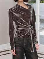 Load image into Gallery viewer, Velvet Knot Detail Top Women Dark Brown N5A443