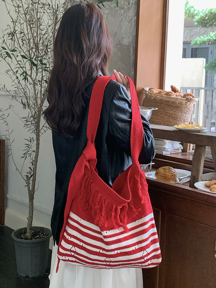Striped Color Block Fringe Knit Crossbody Tote Bag N6C055