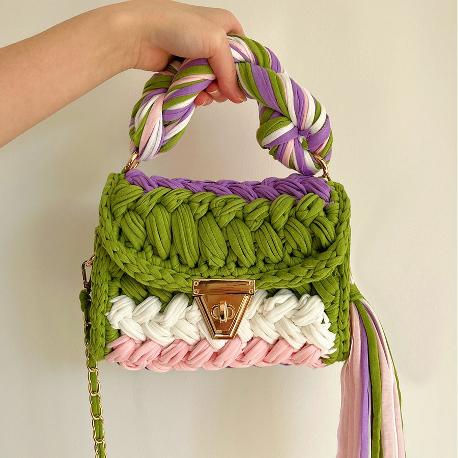 Handwoven Crochet Colorblock Shoulder Bag Tassel N6F094