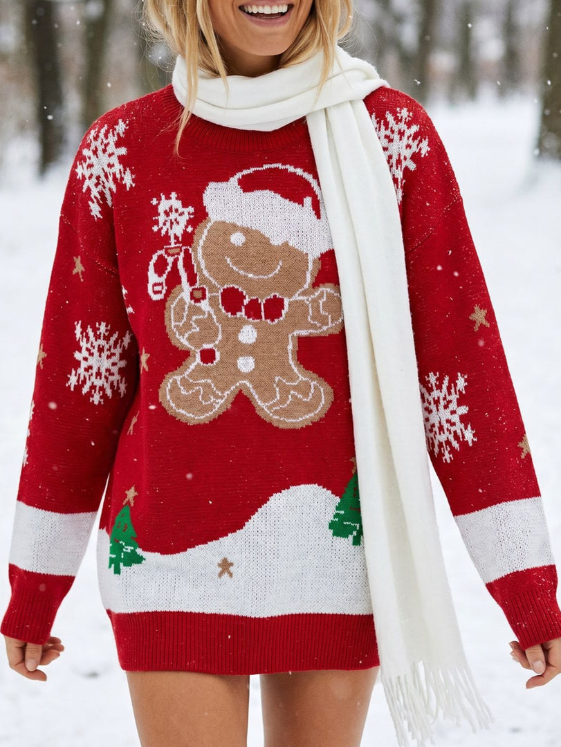 Loose Round Neck Gingerbread Man Jacquard Sweater N6H321