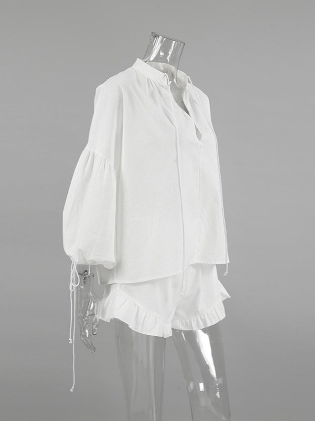 Lantern Sleeve Linen Two-Piece Set Women N6D115