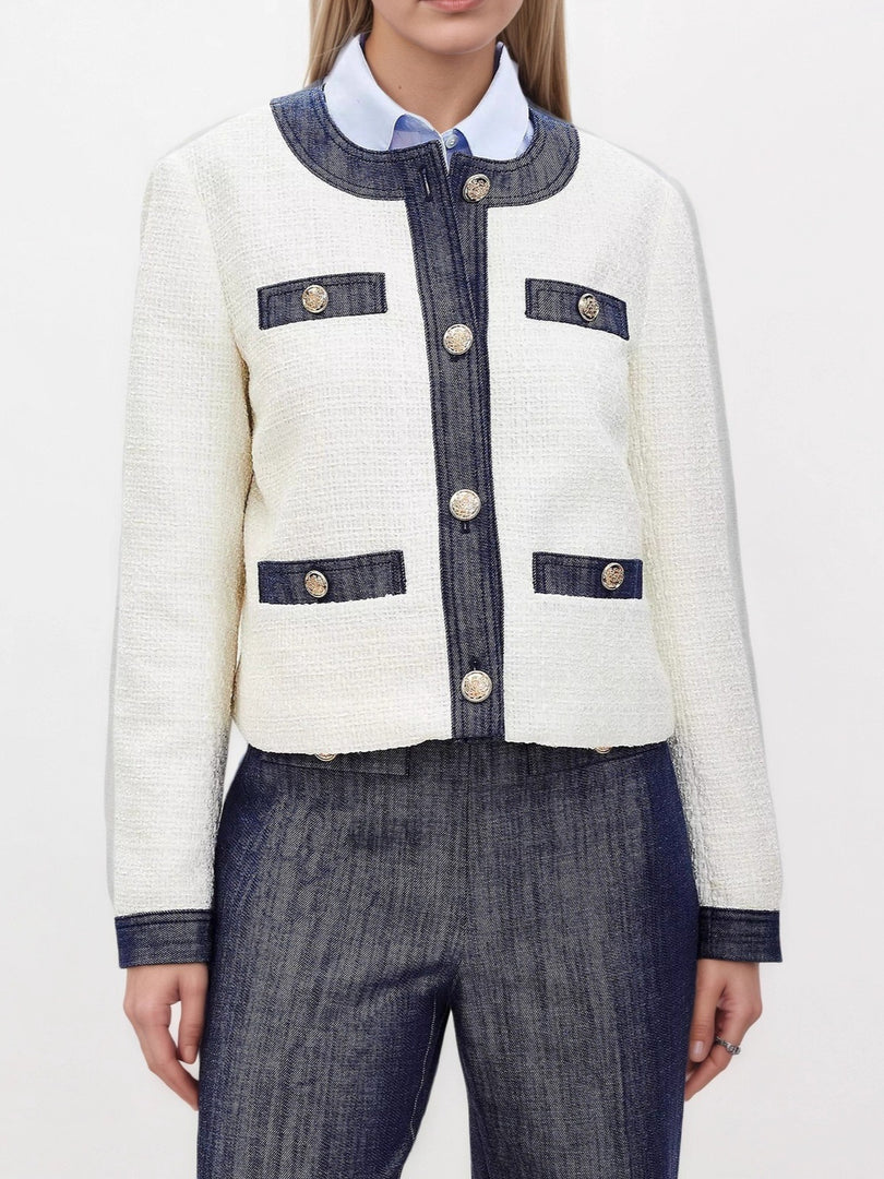 Contrast Trim Short Jacket Women White N5A439