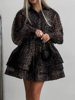 Load image into Gallery viewer, Leopard Print Chiffon Dress with Lapel and Puff Sleeve N6C192