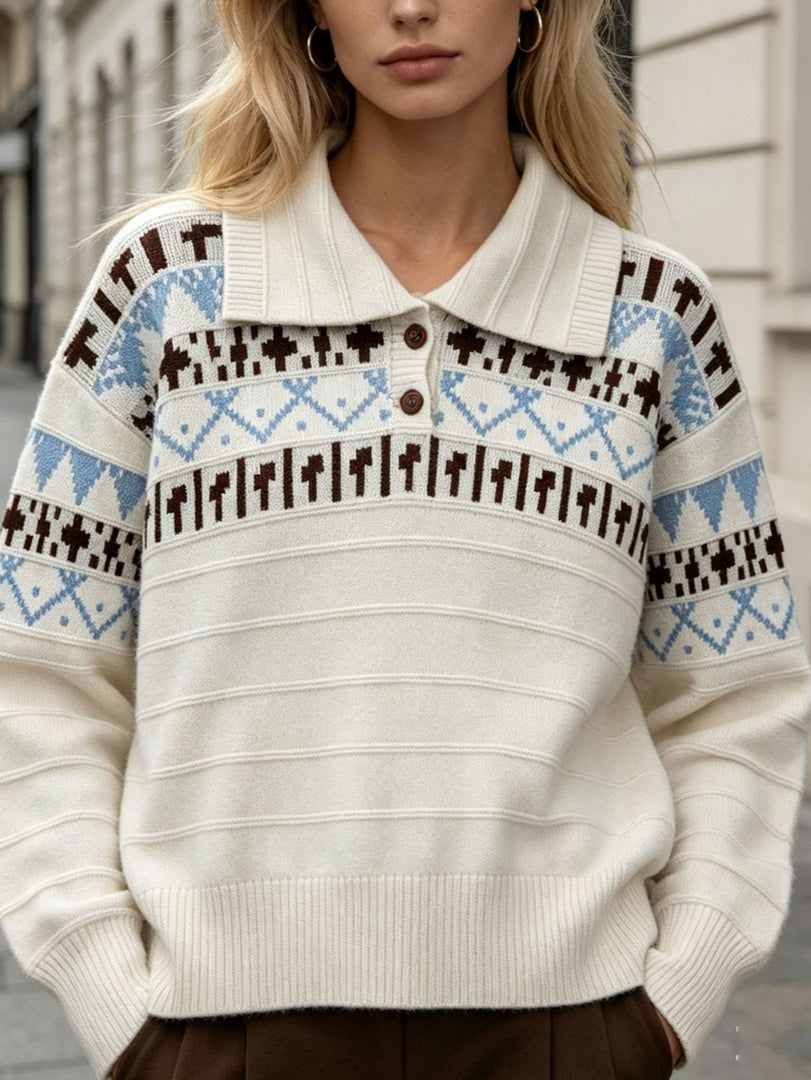 Fair Isle Polo Half Zip Knit Sweater Women Commuter N6H283